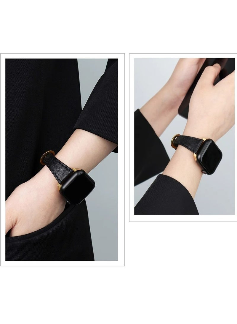 سوار من الجلد الطبيعي عالي الجودة لساعة أبل، متوافق مع مقاسات 42 مم، 44 مم، 45 مم، 46 مم، 49 مم، سوار معصم نسائي رفيع لساعات أبل من السلسلة 11، 10، 9، 8، 7، 6، 5، 4، 3، 2، 1، SE، Ultra3، Ultra2، للاستخدام اليومي، أسود - Image 2